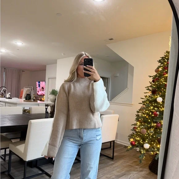 Chic Tan and Cream Women's Turtleneck Sweater - Picture 5 of 12